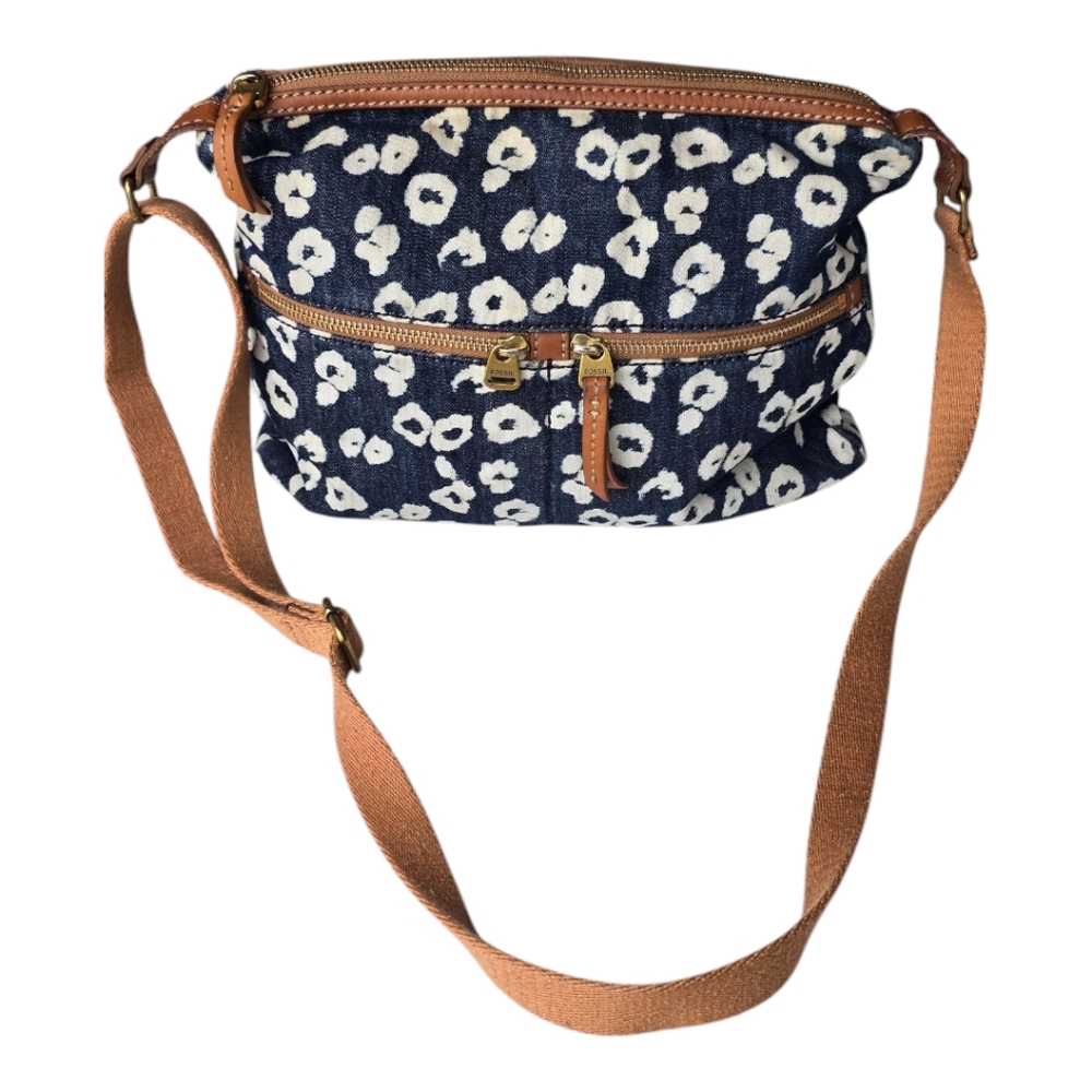 FOSSIL Crossbody Handbag Blue White Women Purse Shoulder Logo Exellent